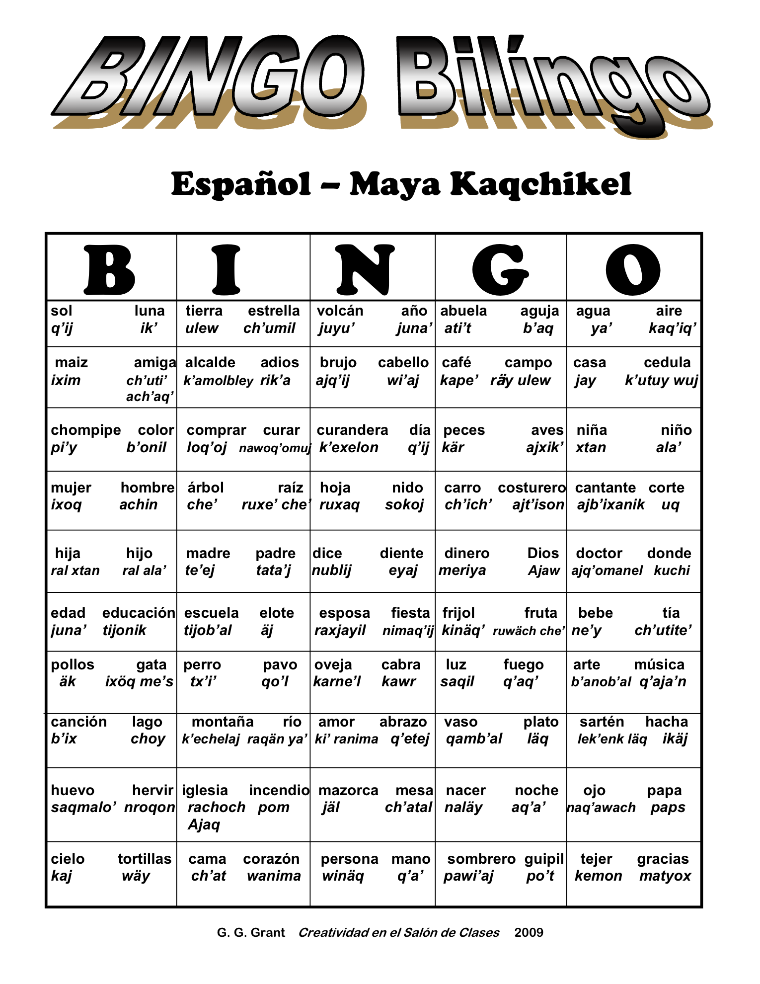 Kaqchikel Bingo Card